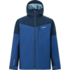 Zweifarbige blaue Jacke mit Kapuze, durchgehendem Reißverschluss, vertikaler Brusttasche, seitlichen Reißverschlusstaschen, weißem Markenlogo auf der Brust, sichtbaren Kordeln an der Kapuze und Klettverschlüssen an den Ärmelenden