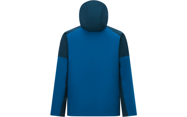 Rückansicht einer blauen Kapuzenjacke mit dunkleren Schulter- und Ärmelsegmenten