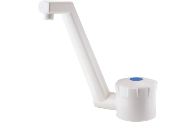 Rubinetto in plastica bianca con becco alto a forma di L e base rotonda, punto blu sulla manopola