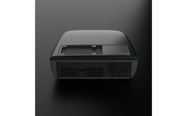Black rounded rectangular device with ventilation grilles on top and front, small slider on top, on a dark background
