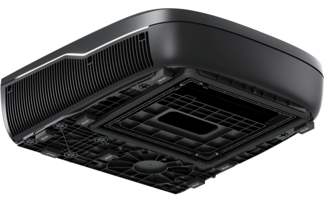 Black rounded-rectangle housing viewed from below; side slot openings, textured grid plate, visible screws and support ribs