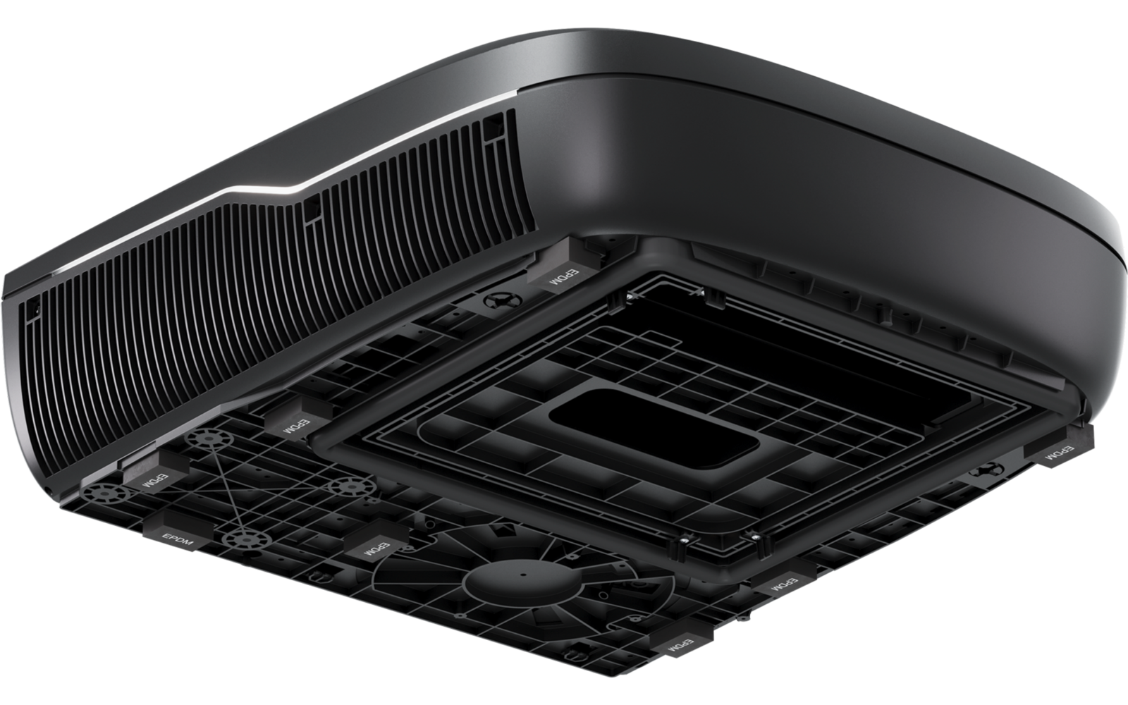 Black rounded-rectangle housing viewed from below; side slot openings, textured grid plate, visible screws and support ribs