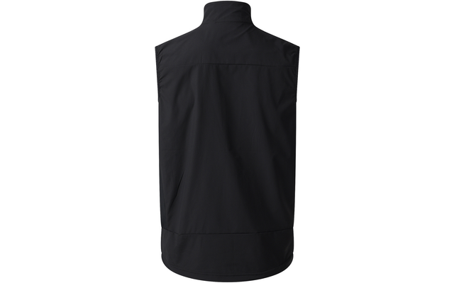 Schwarze ärmellose Weste, Rückansicht, Stehkragen, sichtbare Nähte, seitliche Eingriffstaschen