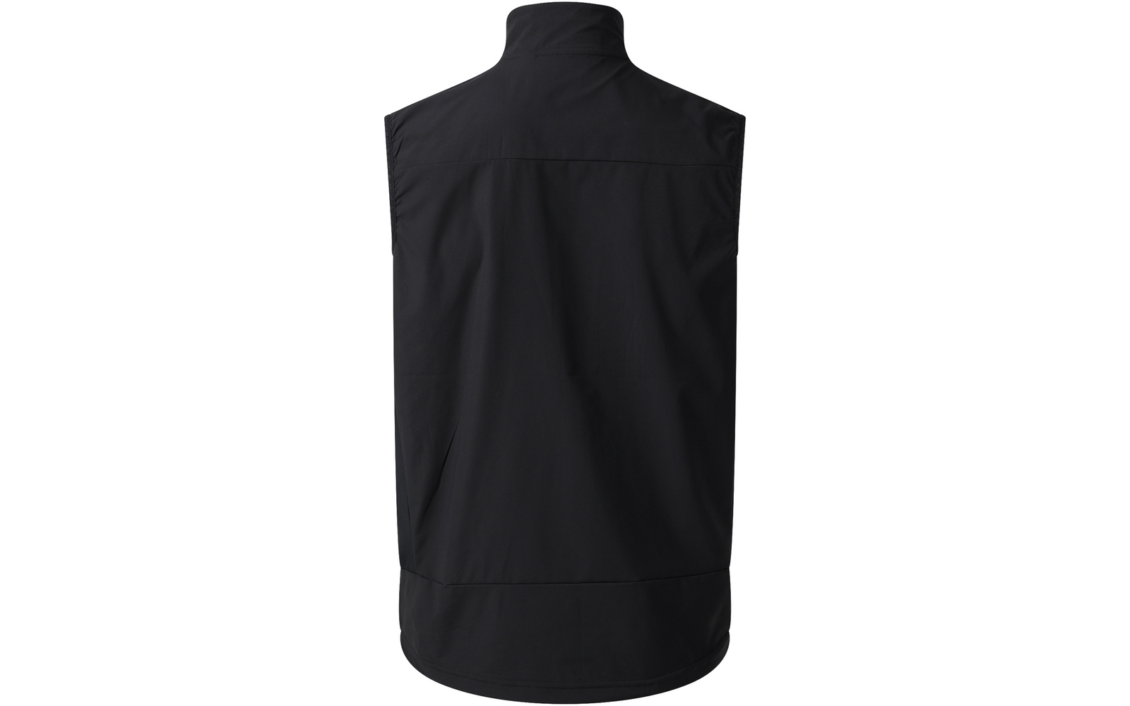Schwarze ärmellose Weste, Rückansicht, Stehkragen, sichtbare Nähte, seitliche Eingriffstaschen
