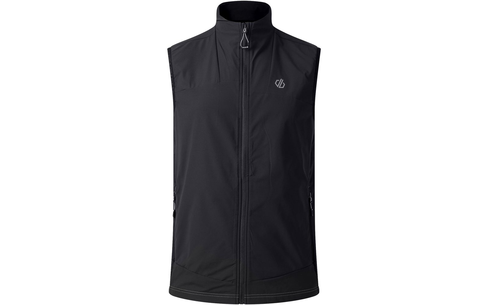 Schwarze, ärmellose Weste mit durchgehendem Reißverschluss, Stehkragen, seitlichen Reißverschlusstaschen und kleinem grauen Logo auf der Brust