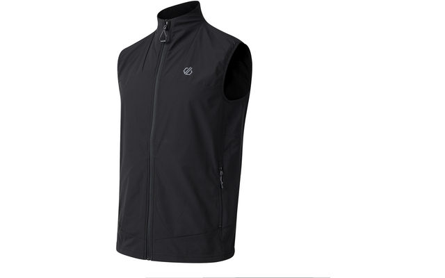 Schwarze ärmellose Weste mit durchgehendem Reißverschluss, Stehkragen, zwei seitlichen Reißverschlusstaschen und kleinem Logo auf der Brust