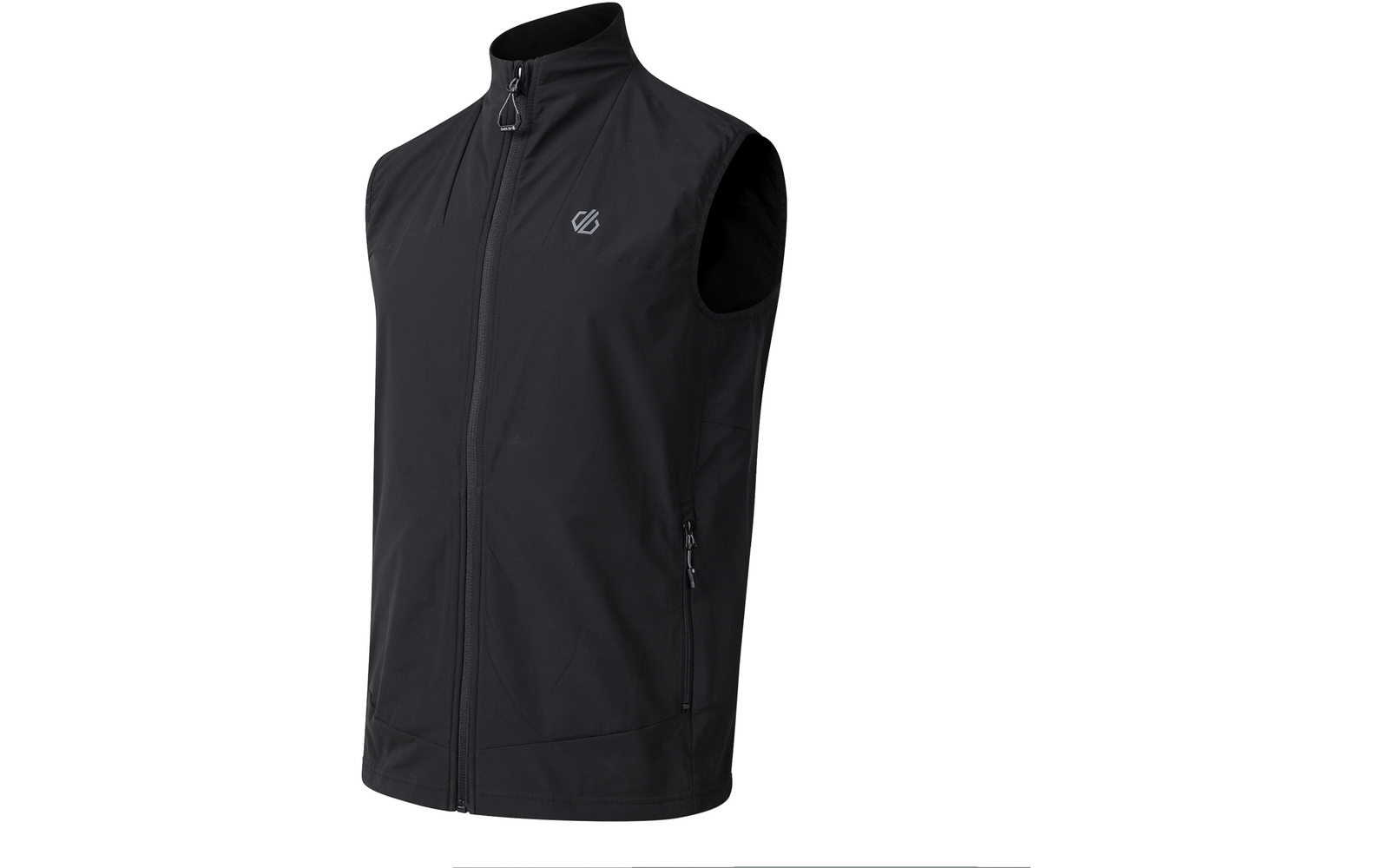 Schwarze ärmellose Weste mit durchgehendem Reißverschluss, Stehkragen, zwei seitlichen Reißverschlusstaschen und kleinem Logo auf der Brust