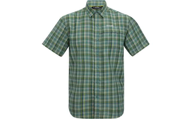 Grünes kurzärmeliges kariertes Hemd mit Knopfleiste und Brusttasche
