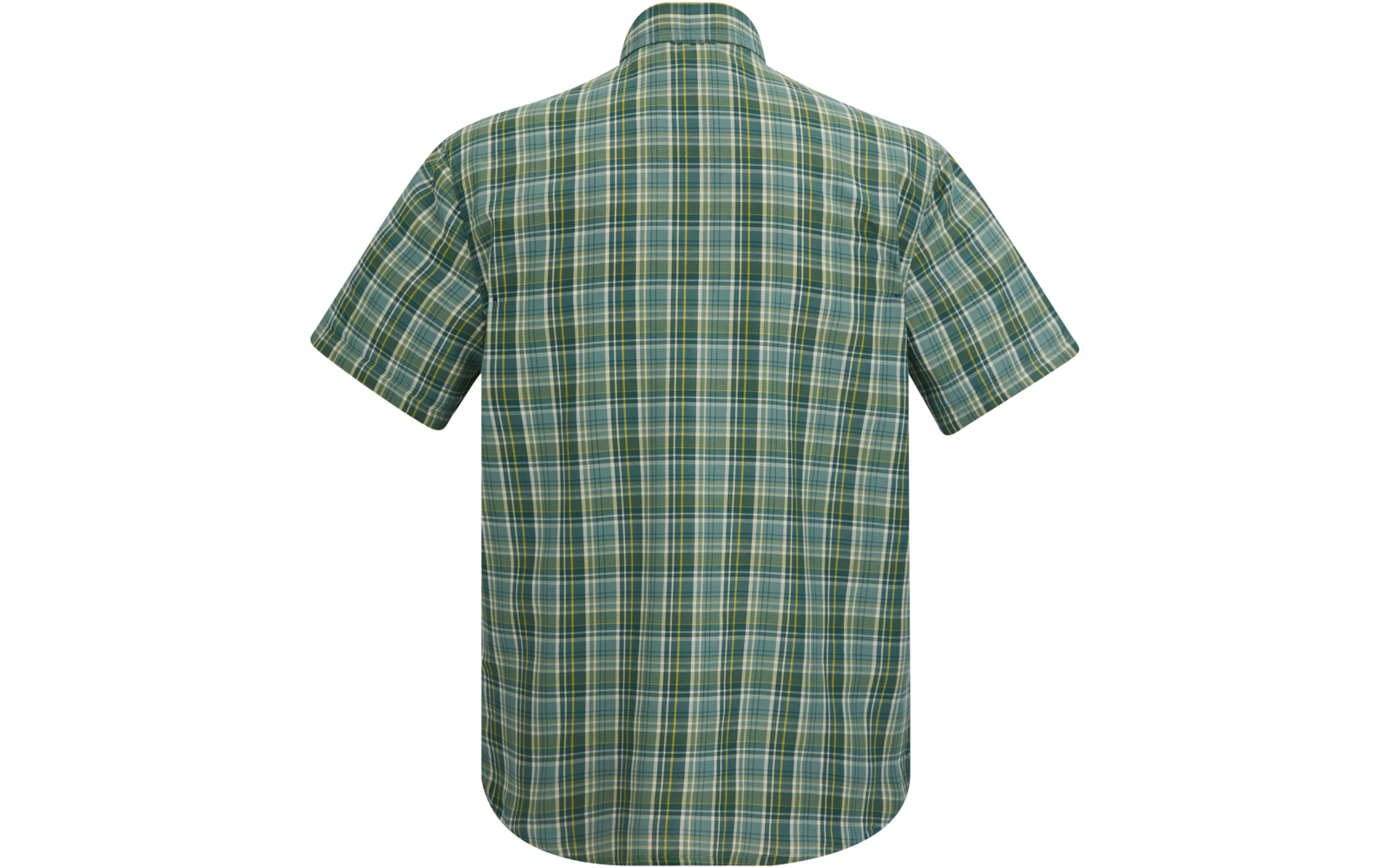 Rückenansicht eines kurzärmligen karierten grünen Hemdes mit weißen und gelben Streifen
