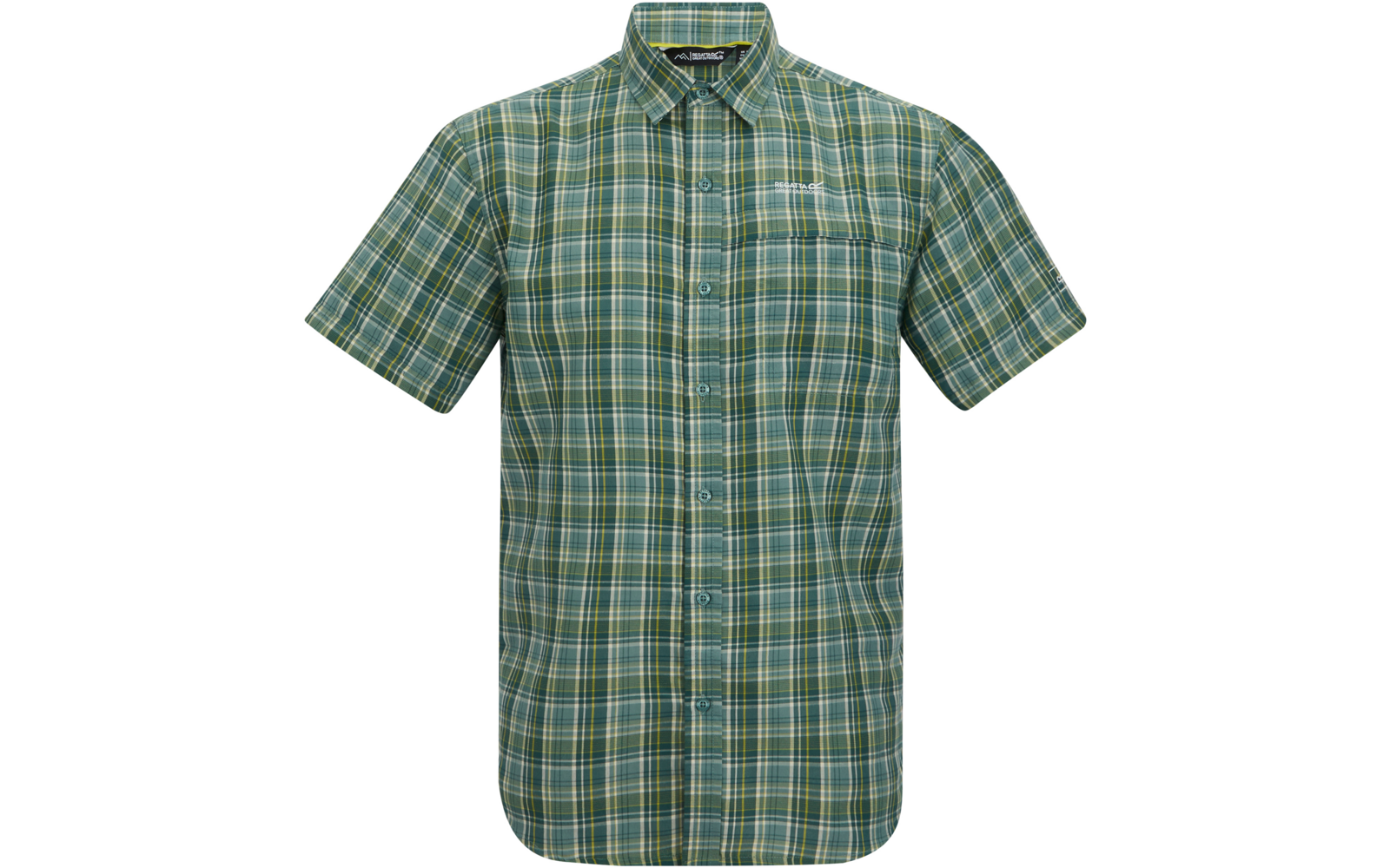 Grünes kurzärmeliges kariertes Hemd mit Knopfleiste und Brusttasche