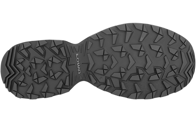 Unterseite einer dunklen Schuhsohle mit grobem Profil auf weißem Hintergrund