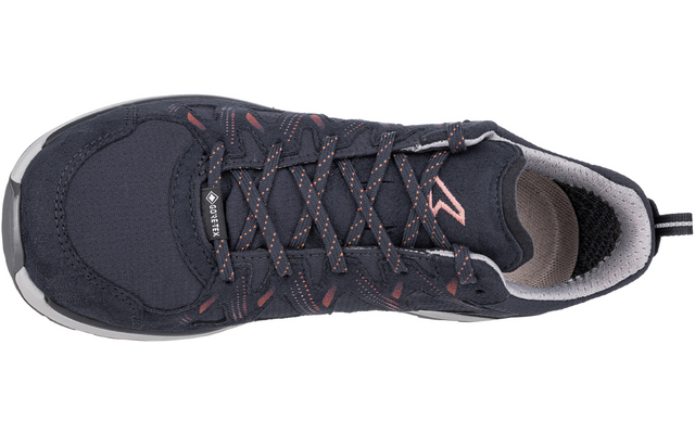 Draufsicht auf einen dunkelblauen Schuh mit gekreuzten Schnürsenkeln, gepolstertem Schaft, Zugschlaufe an der Ferse und heller Außensohle