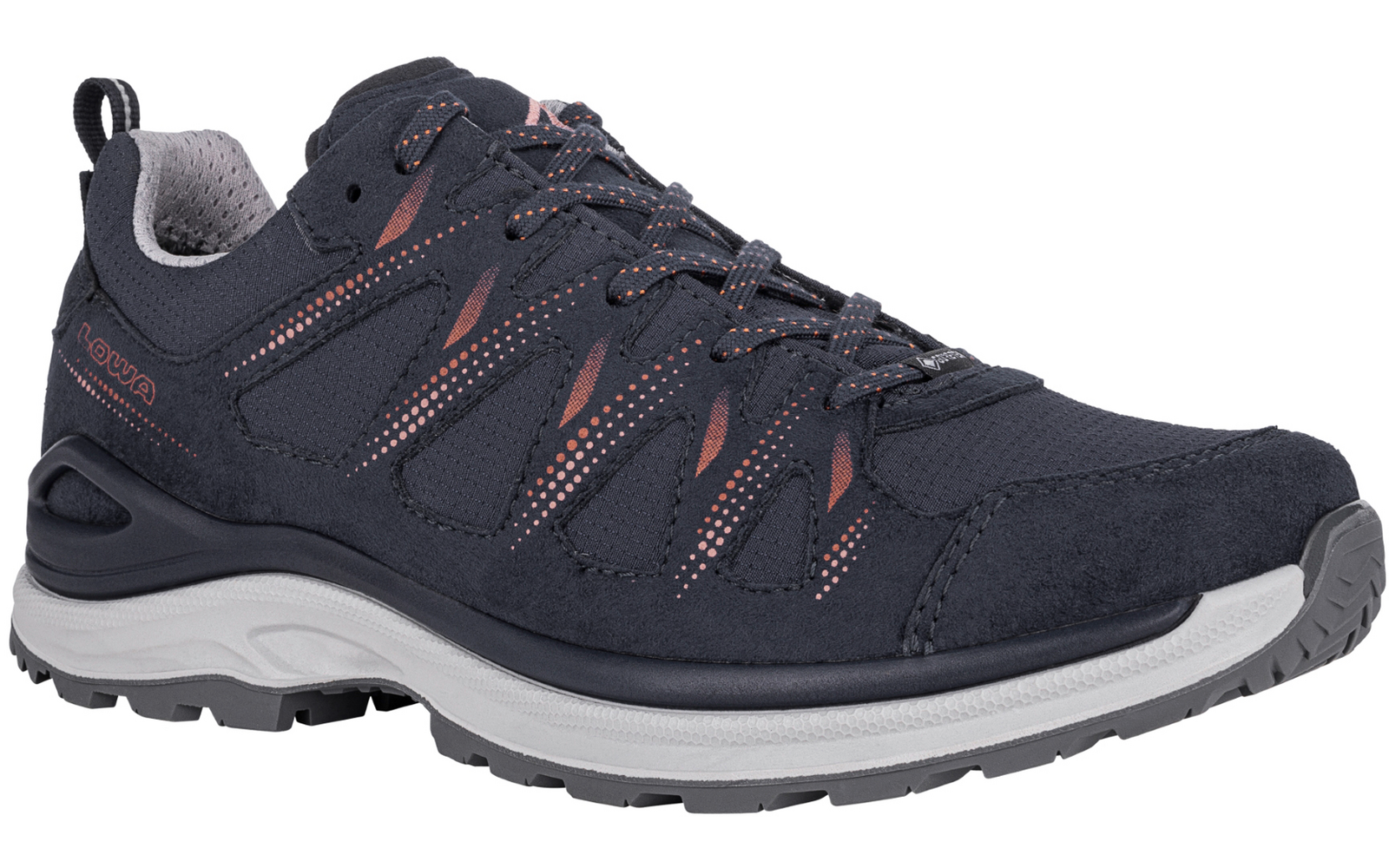 Dunkler Schnürschuh mit grauer Profilsohle, rosa Akzenten, Schlaufe an der Ferse und sichtbaren Ösen