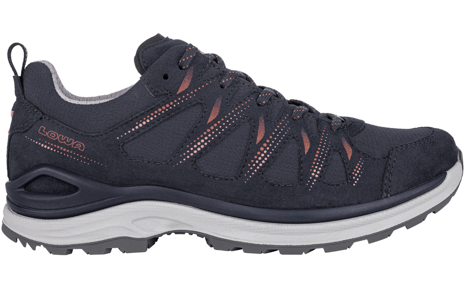 Dunkelblauer Schnürschuh in Seitenansicht nach rechts, mit grauer profilierter Sohle und Fersenschlaufe