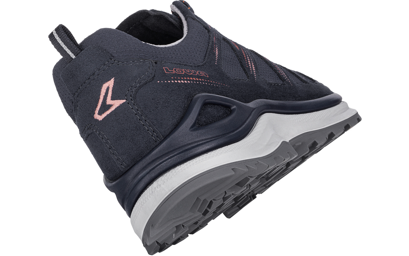 Dunkelblauer Sneaker, schräg von hinten, rosafarbenes Logo und Ziernähte, weiße und graue profilierte Sohle, Fersenschlaufe