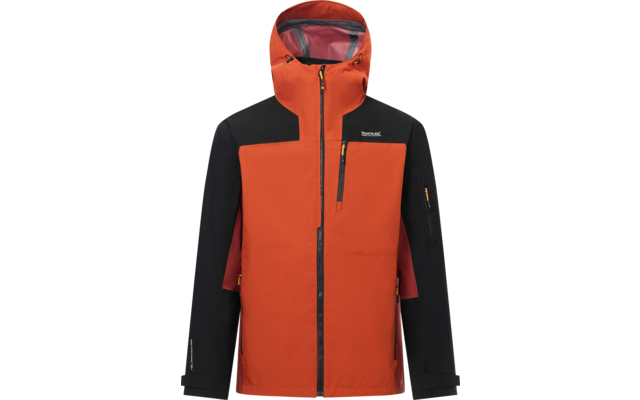 Vorderansicht einer orange-schwarzen Kapuzenjacke mit Reißverschluss, Brusttasche, Seitentaschen und kleinem Markenlogo auf der linken Brust