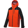 Orange-schwarze Kapuzenjacke mit Frontreißverschluss, vertikalem Brustreißverschluss, zwei seitlichen Reißverschlusstaschen und schwarzen Ärmeln