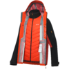 Orange Jacke mit Kapuze, vorne offen, sichtbare orange gesteppte Innenweste, schwarze Ärmel, reflektierende Streifen, Reißverschluss und weißes Pflegeetikett