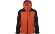 Vorderansicht einer orange-schwarzen Kapuzenjacke mit Reißverschluss, Brusttasche, Seitentaschen und kleinem Markenlogo auf der linken Brust