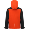 Rückenansicht einer Jacke mit orangefarbener Rückenpartie und Kapuze, schwarzen Ärmeln und Schultern, kleinem vertikalem weißen Aufdruck unten mittig