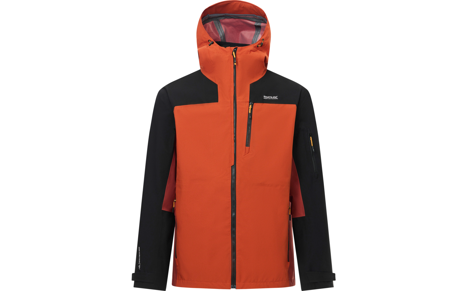 Vorderansicht einer orange-schwarzen Kapuzenjacke mit Reißverschluss, Brusttasche, Seitentaschen und kleinem Markenlogo auf der linken Brust