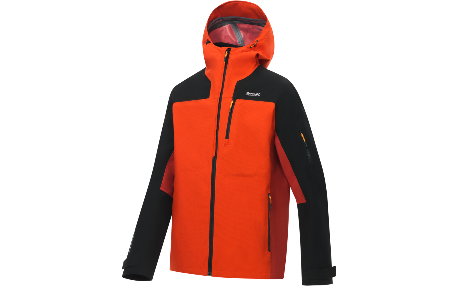 Orange-schwarze Kapuzenjacke mit Frontreißverschluss, vertikalem Brustreißverschluss, zwei seitlichen Reißverschlusstaschen und schwarzen Ärmeln