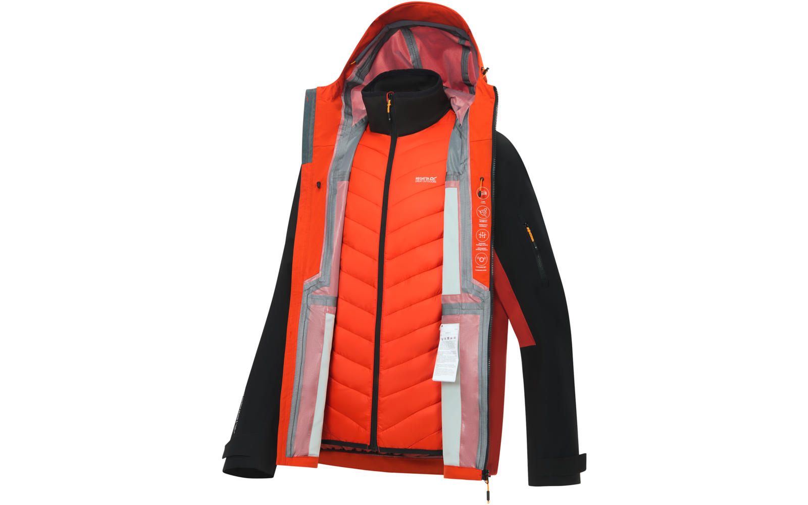 Orange Jacke mit Kapuze, vorne offen, sichtbare orange gesteppte Innenweste, schwarze Ärmel, reflektierende Streifen, Reißverschluss und weißes Pflegeetikett