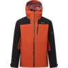 Vorderansicht einer orange-schwarzen Kapuzenjacke mit Reißverschluss, Brusttasche, Seitentaschen und kleinem Markenlogo auf der linken Brust