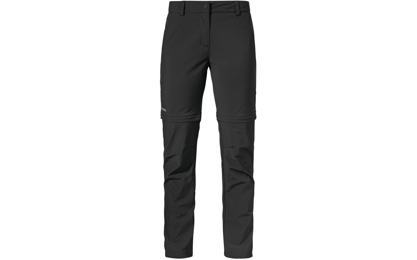 Schwarze Hose mit Reißverschlüssen an den Knien, Bund mit Gürtelschlaufen und Knopf, kleines Logo am Oberschenkel