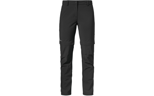 Schwarze Hose mit Reißverschlüssen an den Knien, Bund mit Gürtelschlaufen und Knopf, kleines Logo am Oberschenkel