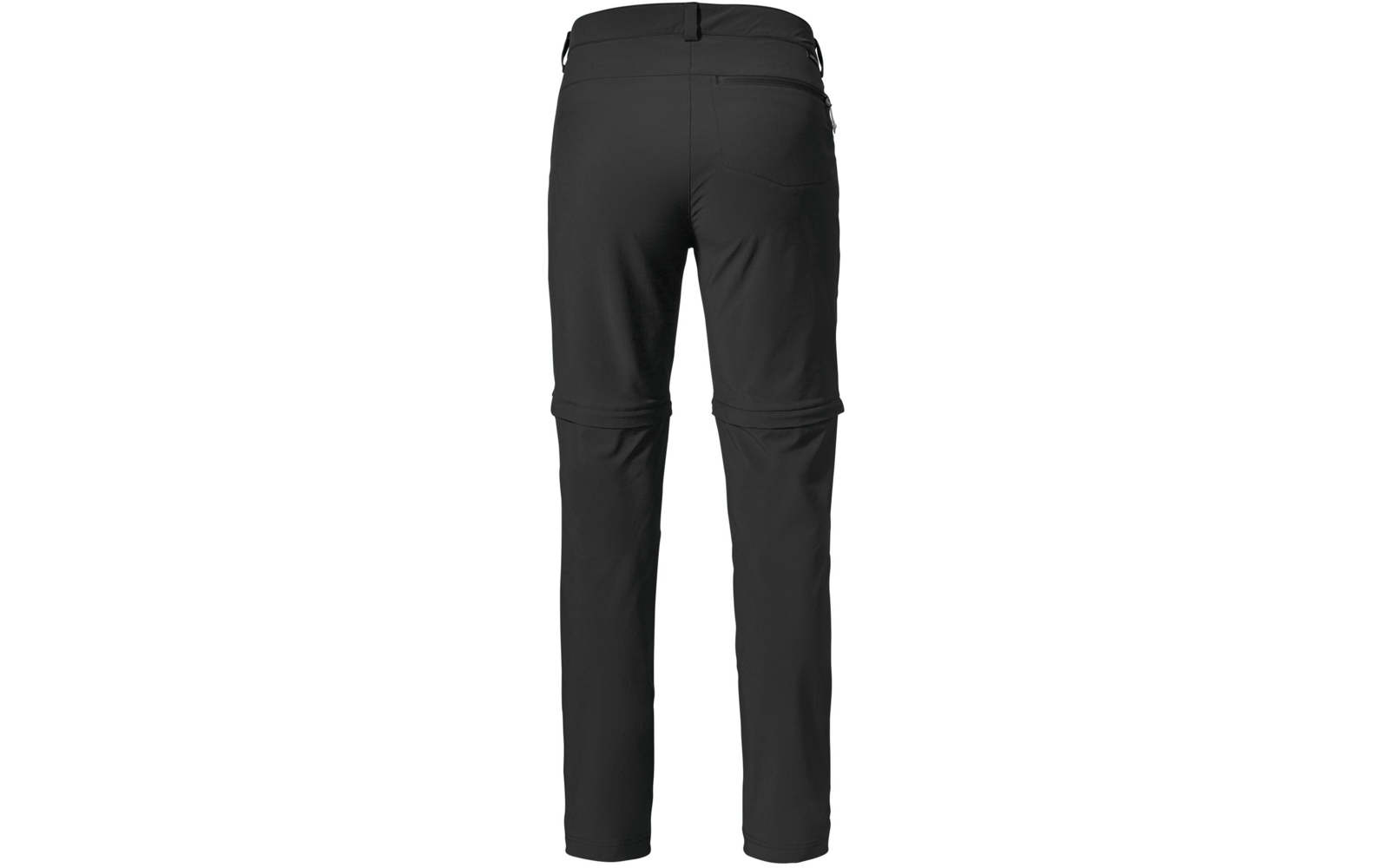 Rückansicht einer schwarzen Hose mit Bund, zwei Gesäßtaschen, Gürtelschlaufen und sichtbarer Reißverschlussnaht auf Kniehöhe, weißer Hintergrund