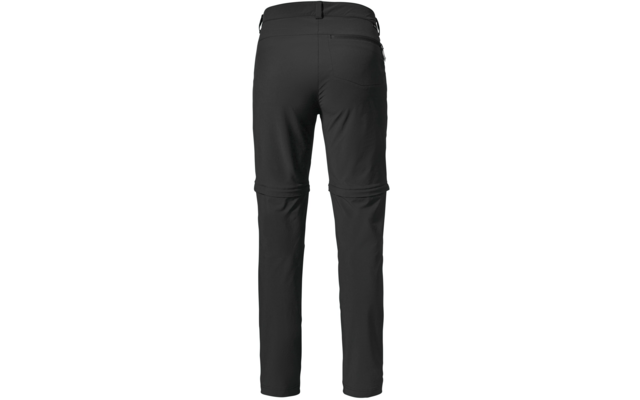 Rückansicht einer schwarzen Hose mit Bund, zwei Gesäßtaschen, Gürtelschlaufen und sichtbarer Reißverschlussnaht auf Kniehöhe, weißer Hintergrund