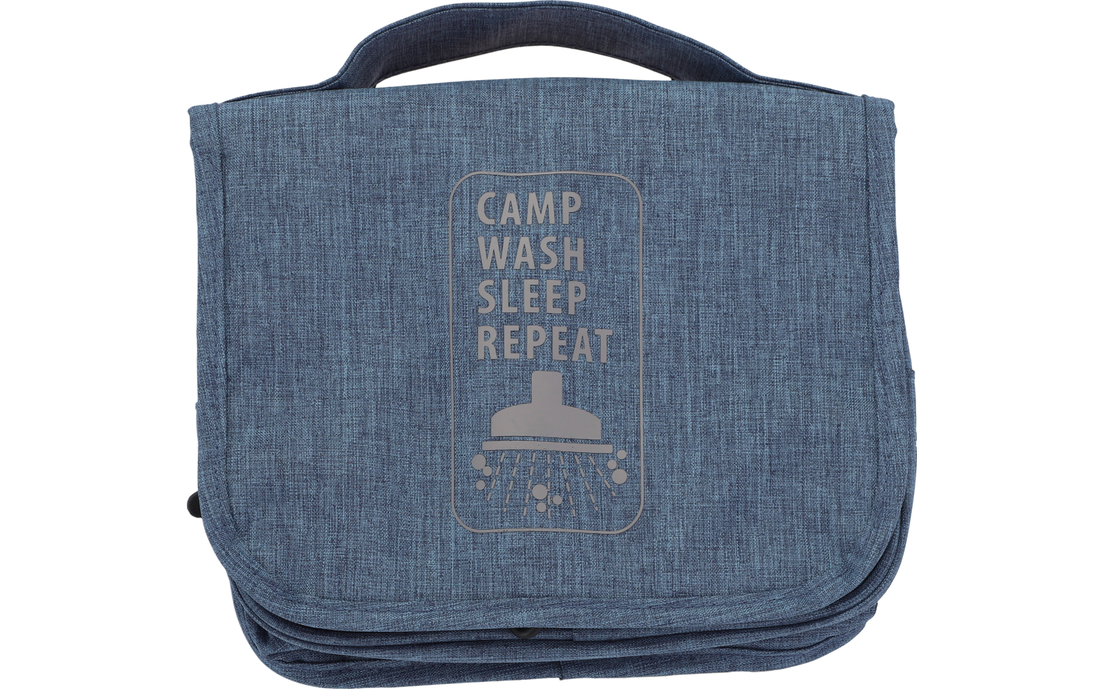 Neceser azul con asa y texto ‚CAMP WASH SLEEP REPEAT‘, medidas visibles