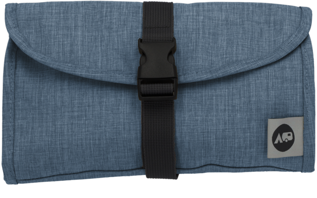 Rolled blue fabric pouch with flap, central black strap with plastic side-release buckle, small square label with round dark symbol at lower right
