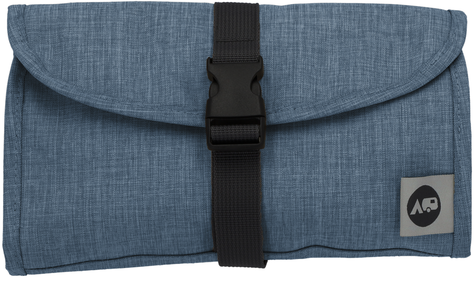 Rolled blue fabric pouch with flap, central black strap with plastic side-release buckle, small square label with round dark symbol at lower right