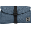 Rolled blue fabric pouch with flap, central black strap with plastic side-release buckle, small square label with round dark symbol at lower right
