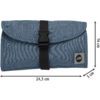 Folded light blue rectangular fabric pouch with a black center strap and black plastic buckle, lower right gray square logo patch with a circle and letters AO, dimension arrows: 24,5 cm × 16 cm × 5 cm