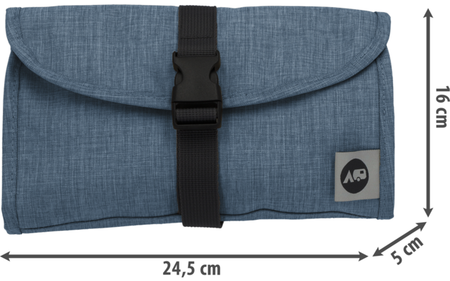 Folded light blue rectangular fabric pouch with a black center strap and black plastic buckle, lower right gray square logo patch with a circle and letters AO, dimension arrows: 24,5 cm × 16 cm × 5 cm