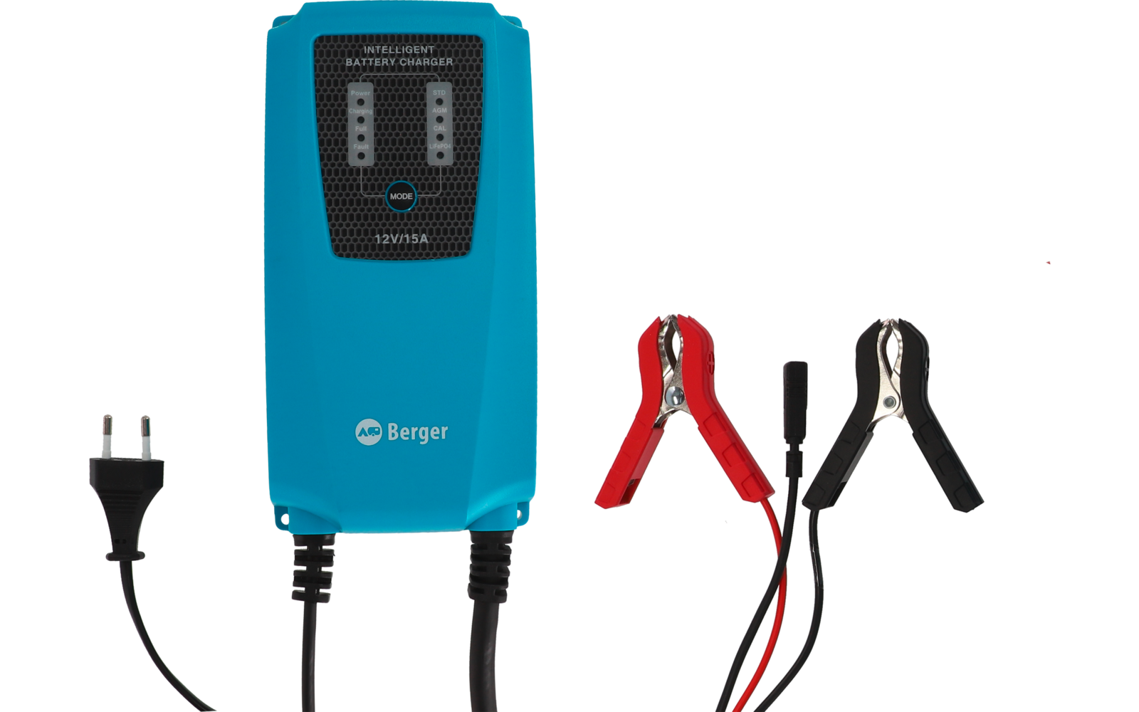 Cargador de batería azul con pantalla y dos cables con pinzas rojas y negras