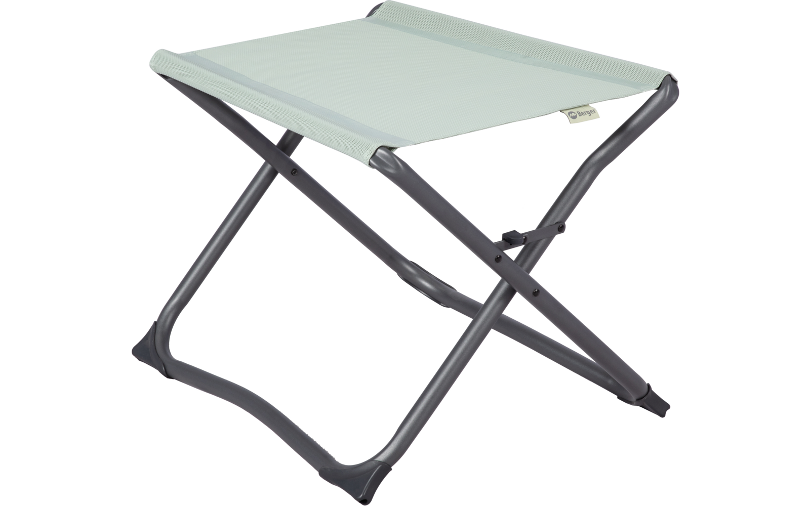 Klapphocker mit grauem Metallgestell und hellgrauer Sitzfläche