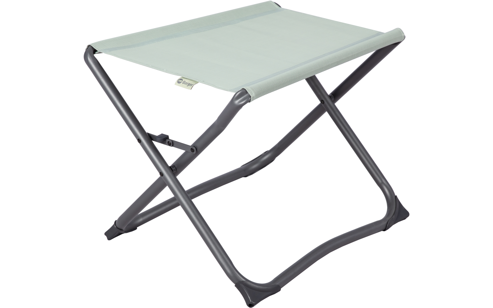 Klappbarer Hocker mit grauer Stofffläche und schwarzem Metallgestell