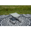 Petit tabouret pliant sur une couverture gris foncé à motif floral blanc, herbe en arrière-plan