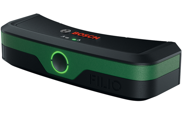 Zwart, plat rechthoekig apparaat met groene band, rood BOSCH‑logo bovenop, ronde groene LED‑ring aan de voorkant en twee kleine status‑LED's