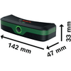 Zwart rechthoekig apparaat met groene band, Bosch-logo bovenop, ronde groene verlichte knop aan de voorkant; meetpijlen met aanduidingen '142 mm', '47 mm', '33 mm'
