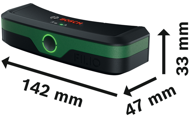 Zwart rechthoekig apparaat met groene band, Bosch-logo bovenop, ronde groene verlichte knop aan de voorkant; meetpijlen met aanduidingen '142 mm', '47 mm', '33 mm'