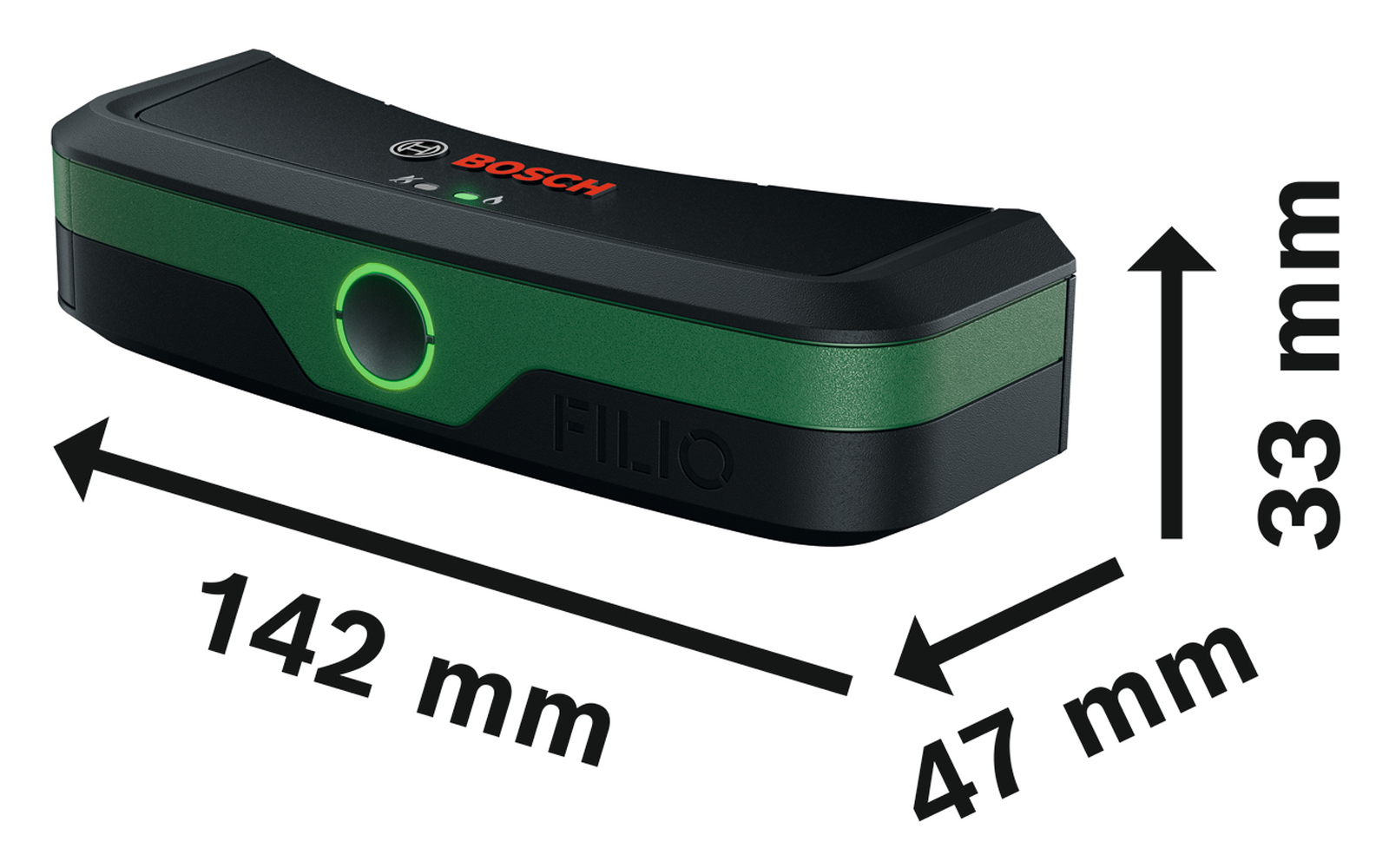 Zwart rechthoekig apparaat met groene band, Bosch-logo bovenop, ronde groene verlichte knop aan de voorkant; meetpijlen met aanduidingen '142 mm', '47 mm', '33 mm'