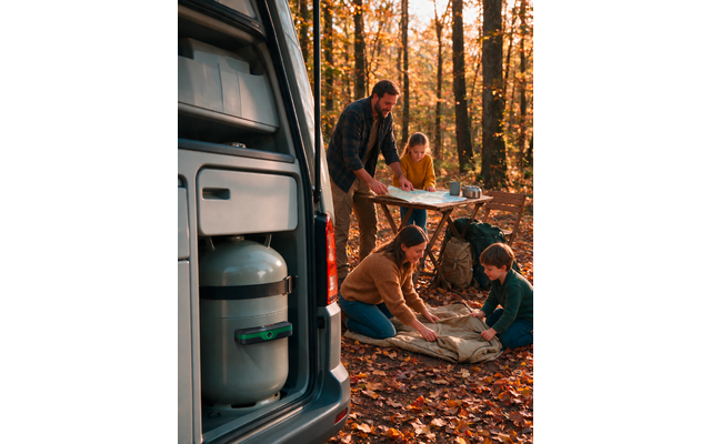 Open camper met zichtbare gasfles; twee volwassenen en twee kinderen in een herfstbos, één wijst op een kaart op een klaptafel, twee leggen een slaapzak uit; rugzak en kampeerservies zichtbaar