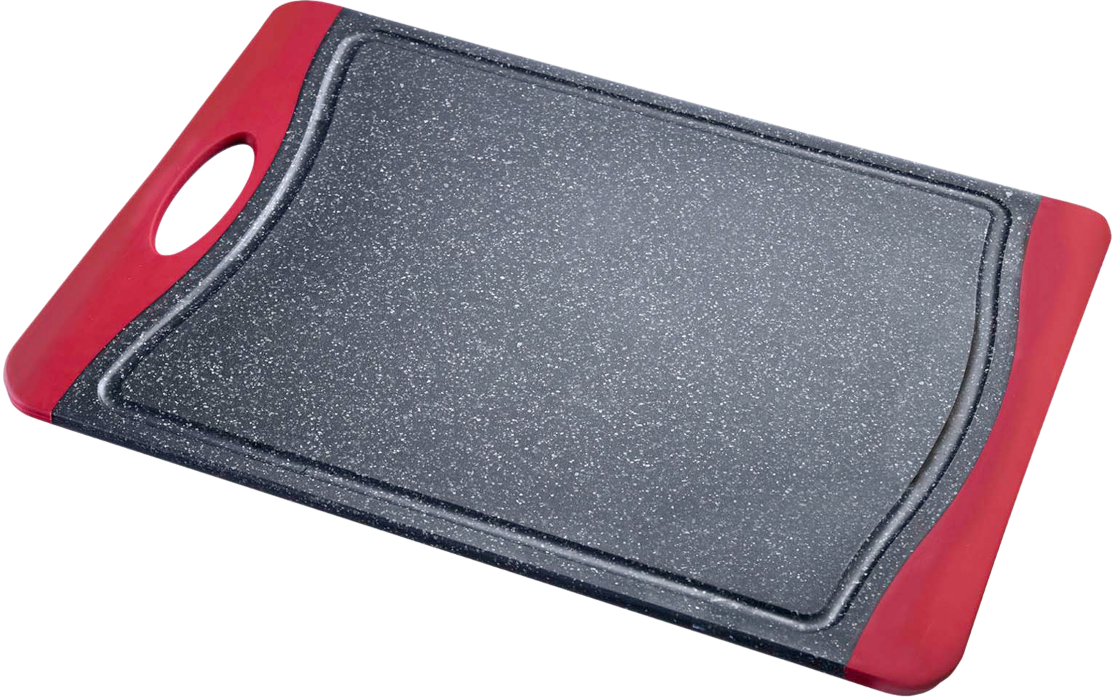 Rechteckiges Schneidebrett mit grau gesprenkelter Oberfläche und roten Griffen, ein Griff mit ovalem Loch