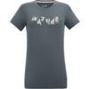 Graublaues kurzärmeliges T‑Shirt mit Rundhals, aufgedrucktem Schriftzug NATURE und kleinen Blumenmotiven
