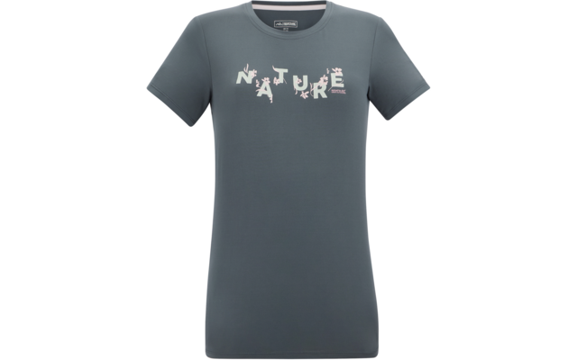 Graublaues kurzärmeliges T‑Shirt mit Rundhals, aufgedrucktem Schriftzug NATURE und kleinen Blumenmotiven